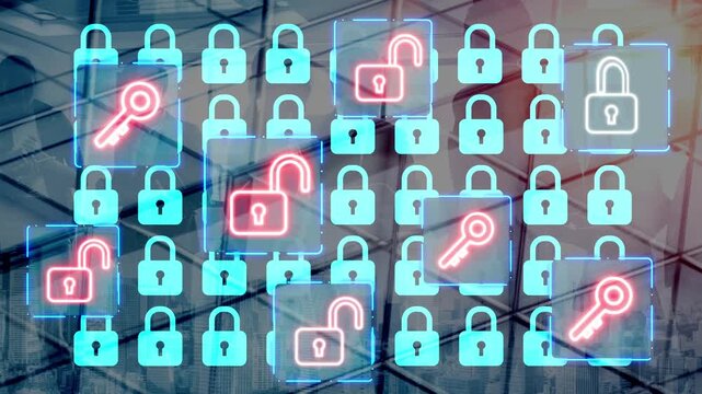 Futuristic Security Concept with Digital Locks and Keys Illuminated in Neon Colors on a High-Tech Background. Entropy.