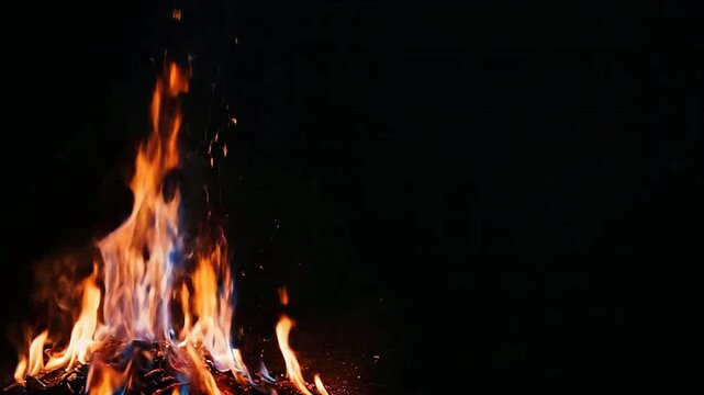 Vivid Flames and Fire Sparks in a Dark Night Setting