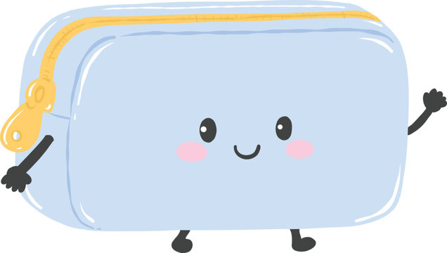 Cute kawaii cartoon blue pencil case pouch character with happy face for back to school education and learning concept - hand drawn illustration vector asset