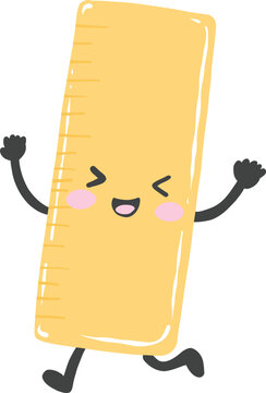 Cute kawaii cartoon yellow straight measuring ruler character with happy face for back to school education and learning concept - hand drawn illustration vector asset