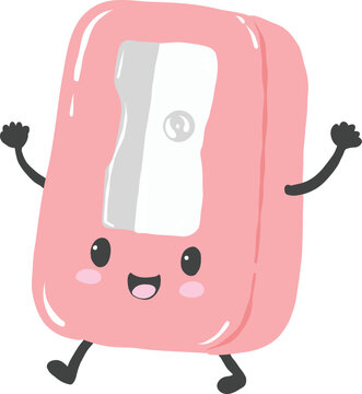 Cute kawaii cartoon pink pencil sharpener tool character with happy face for back to school education and learning concept - hand drawn illustration vector asset