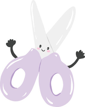 Cute kawaii cartoon purple craft scissors character with happy face for back to school education and learning concept - hand drawn illustration vector asset