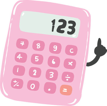 Cute kawaii cartoon pink electronic calculator character with happy face for back to school education and learning concept - hand drawn illustration vector asset