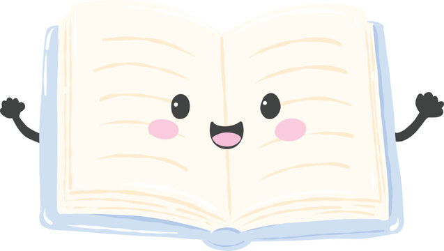 Cute kawaii cartoon open reading notebook book character with happy face for back to school education and learning concept - hand drawn illustration vector asset
