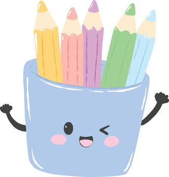 Cute kawaii cartoon pencil holder cup filled with colored pencils character with happy face for back to school education and learning concept - hand drawn illustration vector asset
