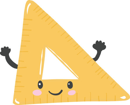 Cute kawaii cartoon triangle ruler set square scale character with happy face for back to school education and learning concept - hand drawn illustration vector asset