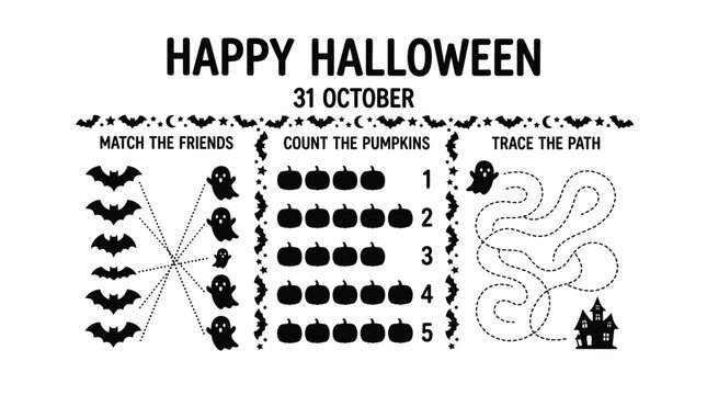 Black and white halloween activity worksheet vector graphic for children featuring pumpkin counting and mazes