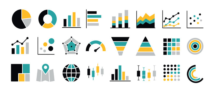 Colorful infographic icons and charts collection.