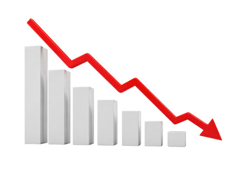 Decreasing business bar chart with red downward arrow showing financial loss and market decline.