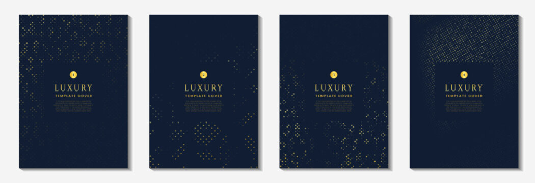 Luxury cover template collection with elegant gold particle pattern on dark blue background for premium brochure, magazine and annual report design, Luxury cover template set for branding