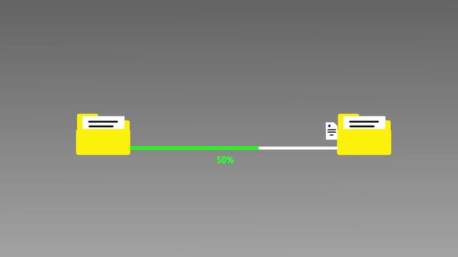 File transfer animation between two folders on transparent background. Documents moving along green progress line percent. Data migration and storage concept. Clean minimal UI design,4k..