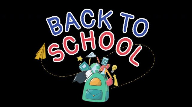 Colorful back to school animated title graphic with backpack school supplies isolated on alpha channel background 4k video footage 18