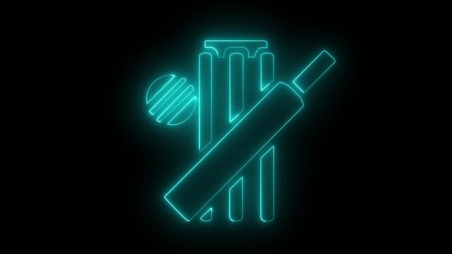Glowing neon cricket icon isolated on black background. Motion graphics of cricket tools icon .4K