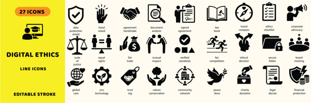 Digital ethics vector icons. Business integrity, law, and moral compliance vector signs set. Data protection shield icon.