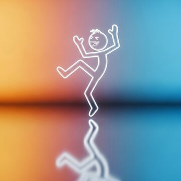Joyful Stick Figure Dance on Reflective Surface: Gradient Glow