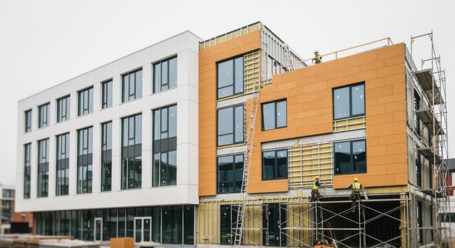 Wideangle shot of multistory building with partially installed cork siding demonstrating energyefficient fa&ccedil;ade solutions in architectural design.