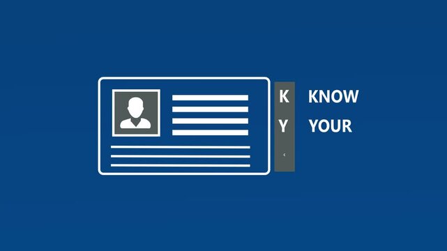 Know your customer concept illustrated through a virtual KYC card interface, enabling financial institutions to authenticate client identities and validate personal informatio,4K motion graphics.