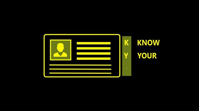 Know your customer concept illustrated through a virtual KYC card interface, enabling financial institutions to authenticate client identities and validate personal informatio,4K motion graphics.