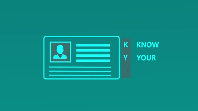 Know your customer concept illustrated through a virtual KYC card interface, enabling financial institutions to authenticate client identities and validate personal informatio,4K motion graphics.