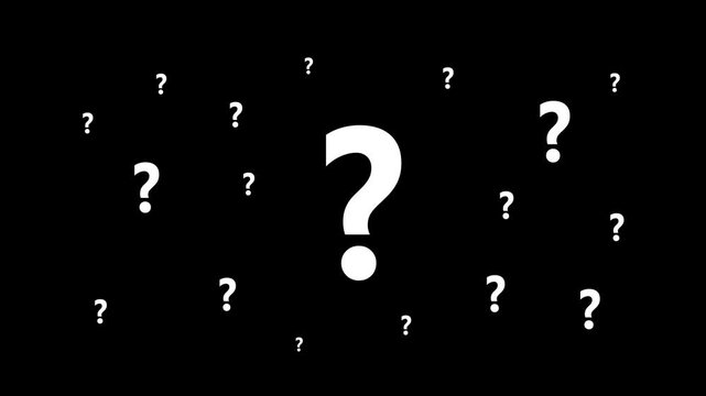 Question marks pop up - Alpha channel transparent PNG video. White Question Mark Symbols Floating on Black Background, Curiosity, FAQ, Quiz, Help, Uncertainty, Mystery Concept Motion Graphics 4K.