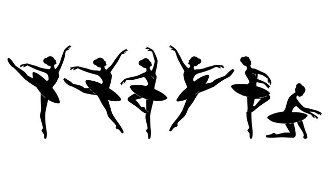 Six ballerinas set with elegant dance poses featuring arabesque, pirouette, and grand jet&eacute; with flowing tutus and pointe shoes and dynamic movement