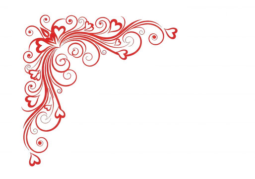 Decorative red heart corner swirl border isolated on transparent background for romantic and holiday designs