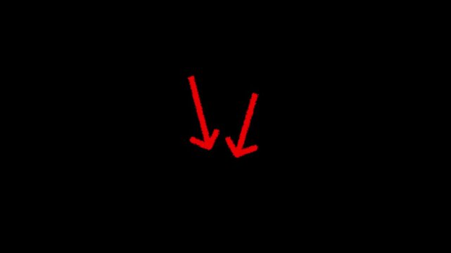 Hand drawn white arrow pointing downward motion graphic Stock footage ,chalk doodles and dashed directional pointers on black.