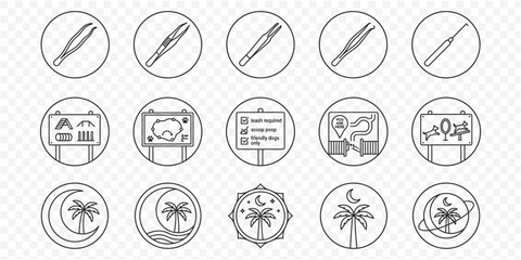 Fototapeta premium Search Magnifying Glass Search and Billboard Signage Line Icon Set - Discovery Glass, Search Zoom, Outdoor Banner and Palm Trees Vector