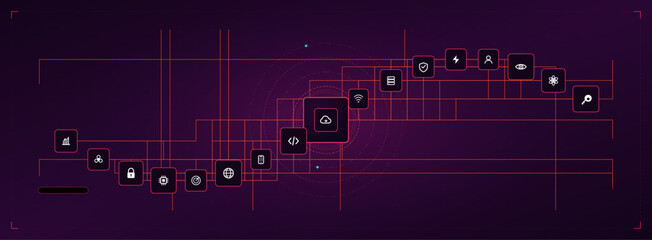Fototapeta na wymiar Abstract Digital Grid Network with Interconnected Glowing Icons on Dark Purple Background