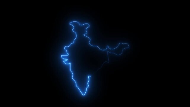 Indian map icon with a glowing blue neon effect on black background. Glowing outline silhouette effect on vector abstract illustration, 4K resolution.