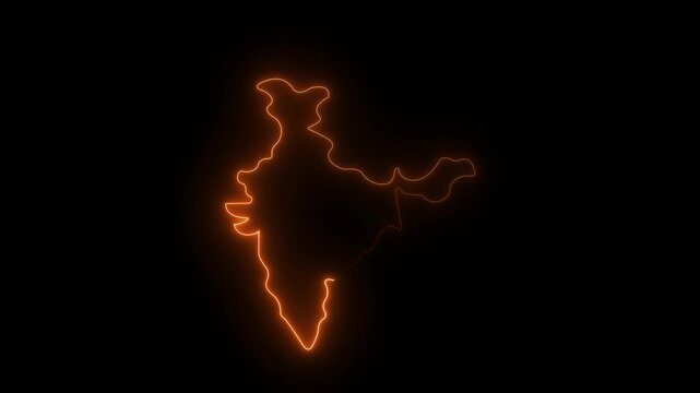 Indian map icon with a glowing orange neon effect on black background. Glowing outline silhouette effect on vector abstract illustration, 4K resolution.