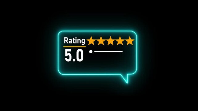 Neon 5 Star Rating Review Icon with Speech Bubble Frame, Glowing Cyan and Gold Customer Feedback Concept Vector Illustration on Black Background 4K.
