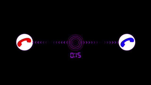 Digital communication interface highlights a purple signal ring with a fifteen second timer positioned between two circular action buttons on a plain black background to suggest modern connectivity.