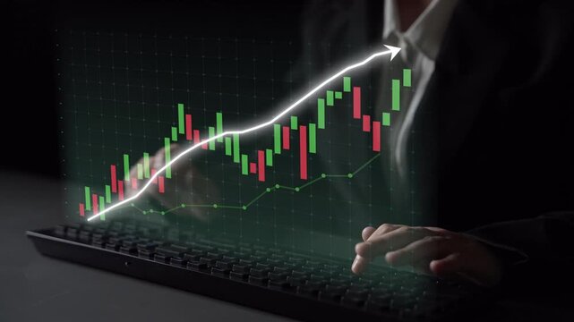 A business professional is analyzing market trends while interacting with a digital graph displayed above a keyboard, showcasing financial growth and investment strategies. Copula