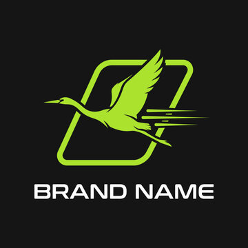 Flying crane bird logo with green frame.