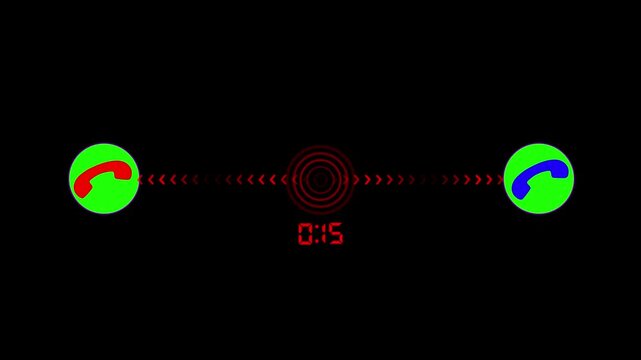 Mobile communication display shows a central ring signal pulsing with a fifteen second timer between two call action buttons set against a deep black background for professional digital connectivity.