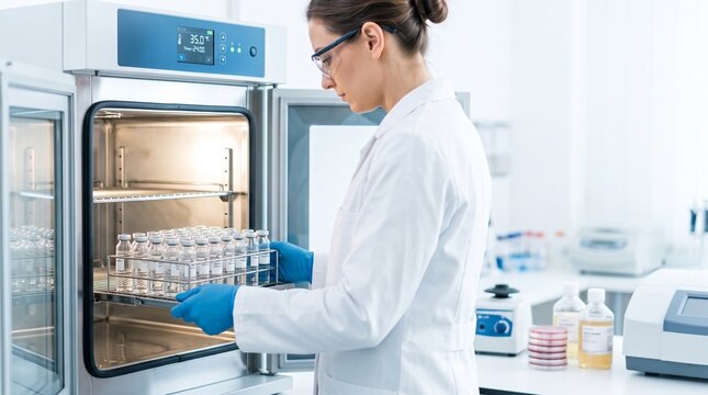 Female scientist placing vials in a laboratory incubator