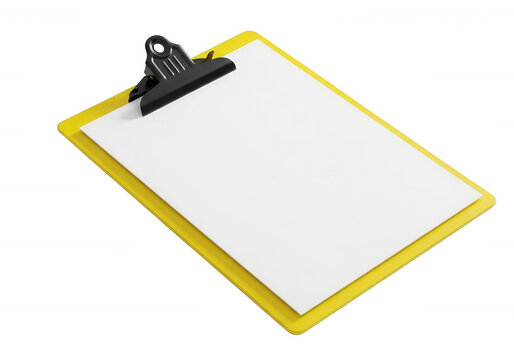 Yellow plastic clipboard with blank white paper sheet isolated on transparent background for office productivity