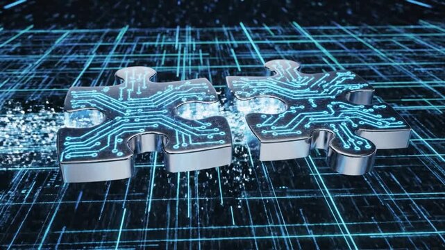 Interlocking digital puzzle pieces with glowing circuit patterns symbolizing api integration