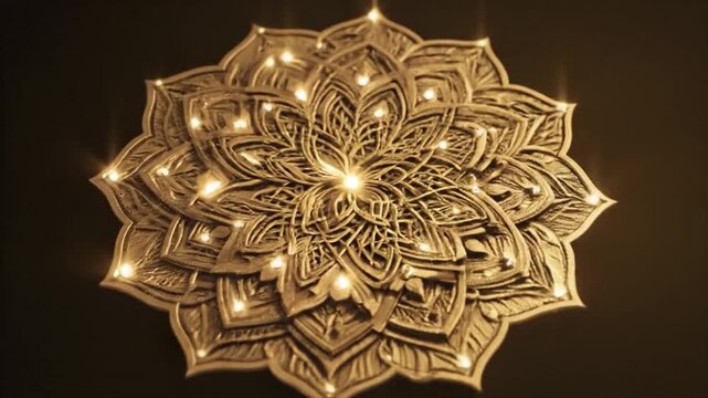 Intricate golden mandala rotating with glowing lights and symmetrical patterns on a dark background