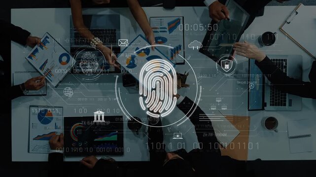 A dynamic business meeting focused on digital security features a fingerprint graphic overlay, symbolizing data protection, teamwork, and technology integration. Raster