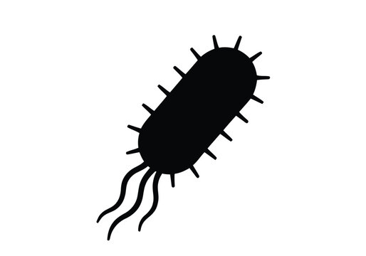 A black silhouette icon representing a single bacterium or microbe cell with flagella, isolated on a clean white background for scientific or medical design use.