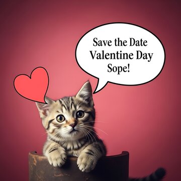 Cute kitten with heart balloon for Valentines Day.