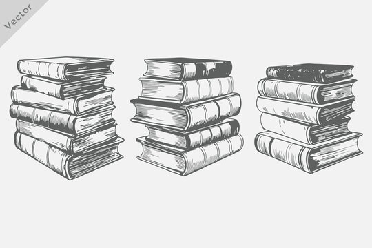 vintage Stack of Books in engraving style illustration. Hand drawn sketch Books set vector on white background. Eps 10