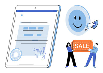 Tablet with signed contract, happy face with megaphone, and people holding a sale sign vector illustration. Business, marketing, commerce, agreement, promotion, shopping. Electronic document