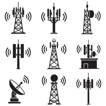 Cell Tower Icons Set, Cellular Tower Mobile Antenna Wireless Signal Telecom Black Silhouette Vector