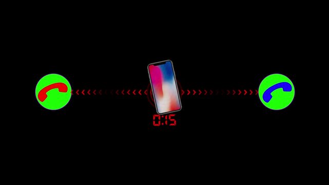 Smartphone displays an incoming mobile call interface with a fifteen second active timer set against a stark black background to emphasize the digital communication process for modern business.