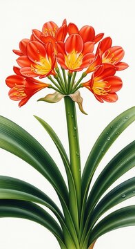 Vibrant Clivia Blooms: A Detailed Botanical Illustration in Rich Oranges and Greens