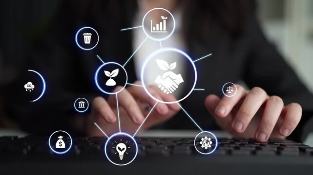 ESG icons show environmental impact, social responsibility, and corporate governance. ESG drives sustainability, ESG investment, ESG reporting, and business growth. Funnel