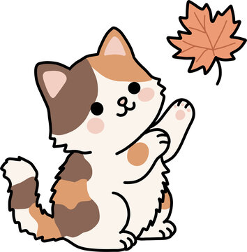 Cute calico cat playing with falling autumn maple leaf PNG graphic